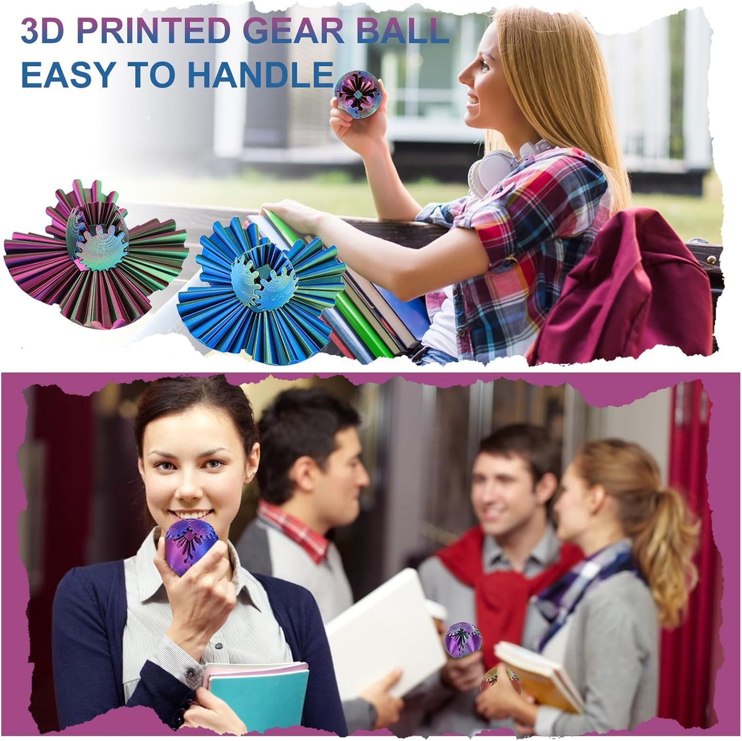 Gear Ball, Gear Sphere, 3D Printed Gear Ball Spin Ball Cube Fidget Toys GearSphere Ball, Stress Ball, Gear Sphere Desk Toy, Fidget Ball, Gear Toy for Stress and Anxiety Relaxing (Laser Color F)