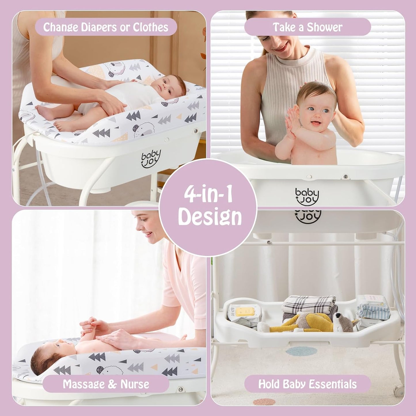BABY JOY Baby Bathtub with Changing Table, Foldable Infant Diaper Changing Station with Storage