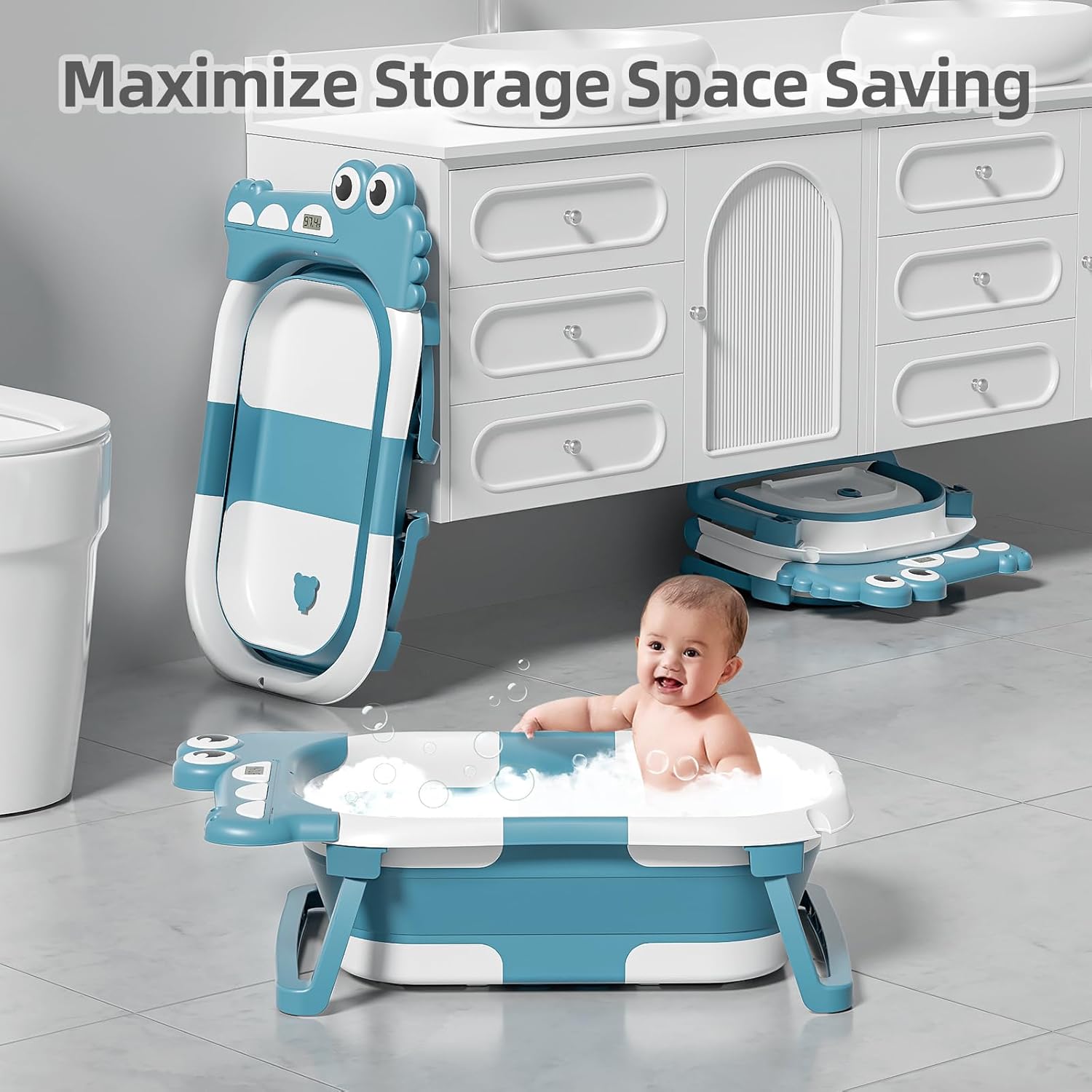 MoreFeel Collapsible Baby Bathtub for Newborn with Thermometer & 1 Hooded Towel & 1 Soft Floating