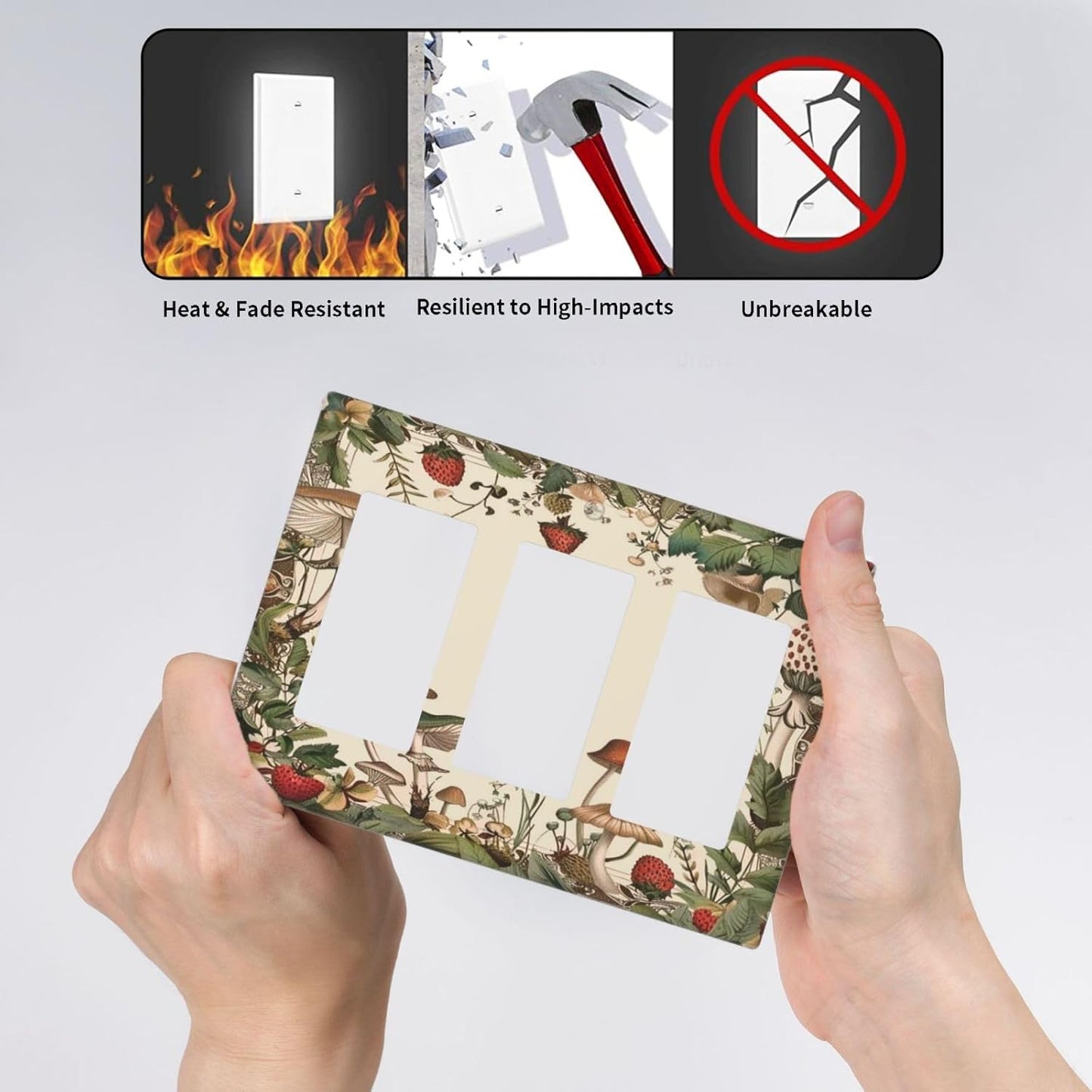 Decorative Outlet Covers Rustic Mushroom Garden Red Strawberry 3 Gang Wall Plate Triple Rocker Light Switch Cover Plate Jumbo Electrical GFCI Faceplate for Bedroom Home Decor