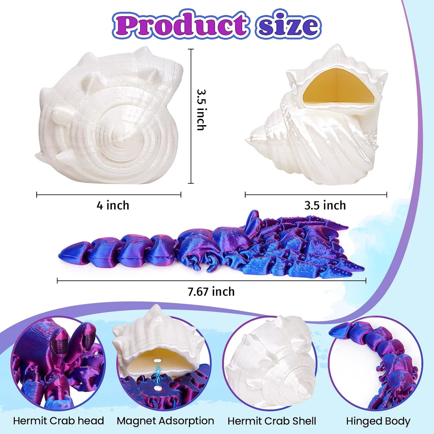 3D Printed Hermit Crab Fidget,3D Printed Dynamic Animals Toy,Full Articulated Flexible Crystal Hermit Crab Fidget Fidget Toys,Adults Fidget Toys for Autism ADHD,Home Office Decor (Blue purple)