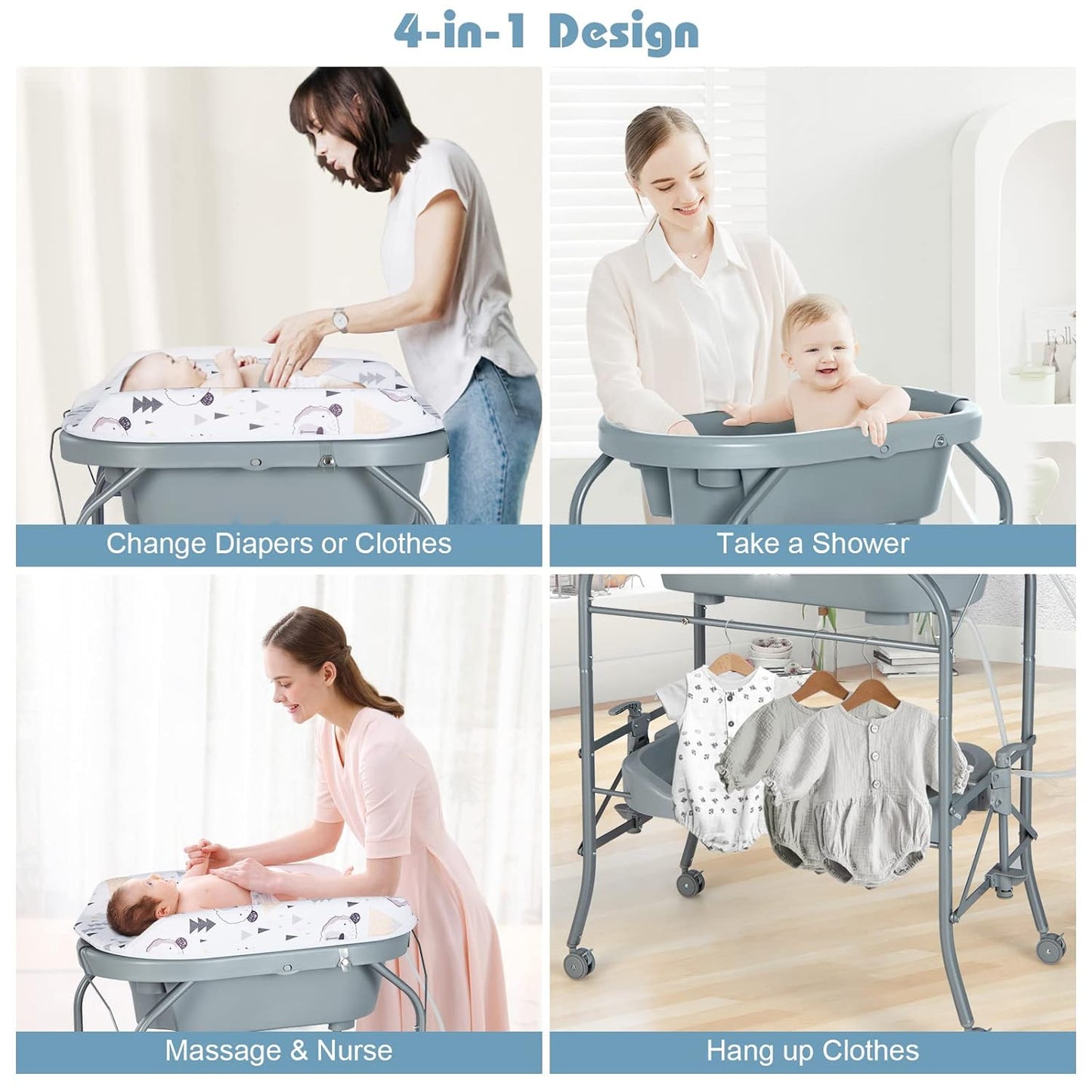 HONEY JOY Baby Changing Table with Bathtub, Foldable Infant Diaper Changing Station with Wheels