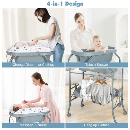 HONEY JOY Baby Changing Table with Bathtub, Foldable Infant Diaper Changing Station with Wheels