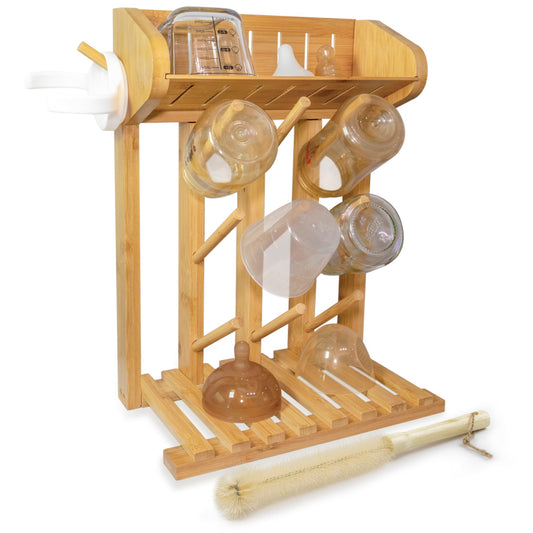AKS B2C Bamboo Baby Bottle Drying Rack, Vertical Space Saving Kitchen Organizer, 9 Bottle Capacity