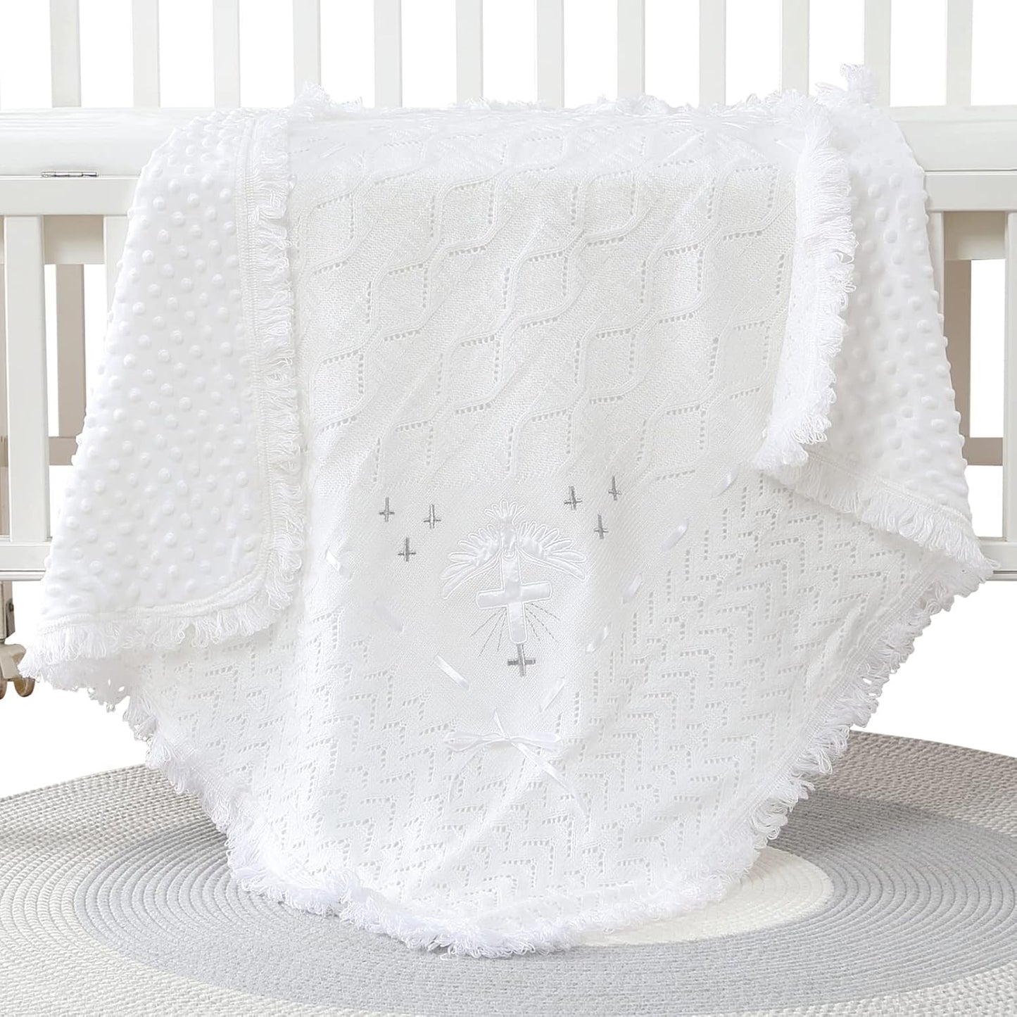 Booulfi Baby Christening Blanket Newborn White Baby Blanket Shawl Neutral Knitted Baptism Blankets