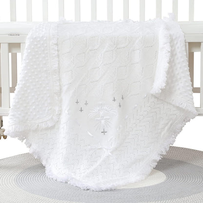 Booulfi Baby Christening Blanket Newborn White Baby Blanket Shawl Neutral Knitted Baptism Blankets