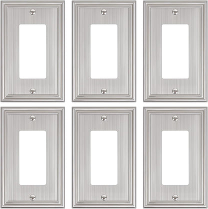 6-Pack Decorator Outlet Cover Plate, Brushed Nickel Decorative Switch Plates and Outlet Covers, Durable Zinc Alloy Wall Plates for Electrical Outlets, Receptacle, GFCI Outlet, Dimmer Switch