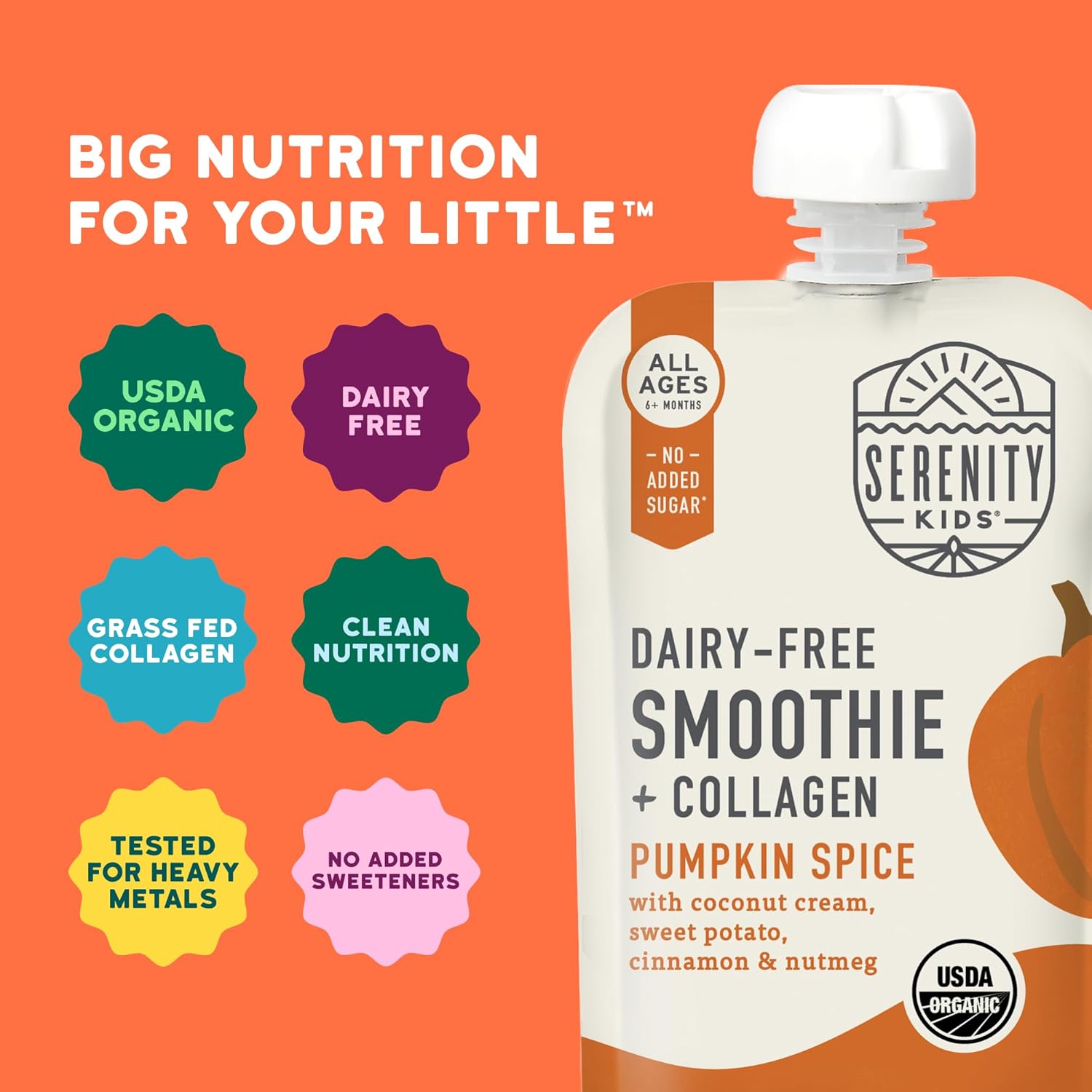 Serenity Kids 6+ Months Dairy-Free Smoothie Baby Food - USDA Organic Grass-Fed Collagen & Pumpkin