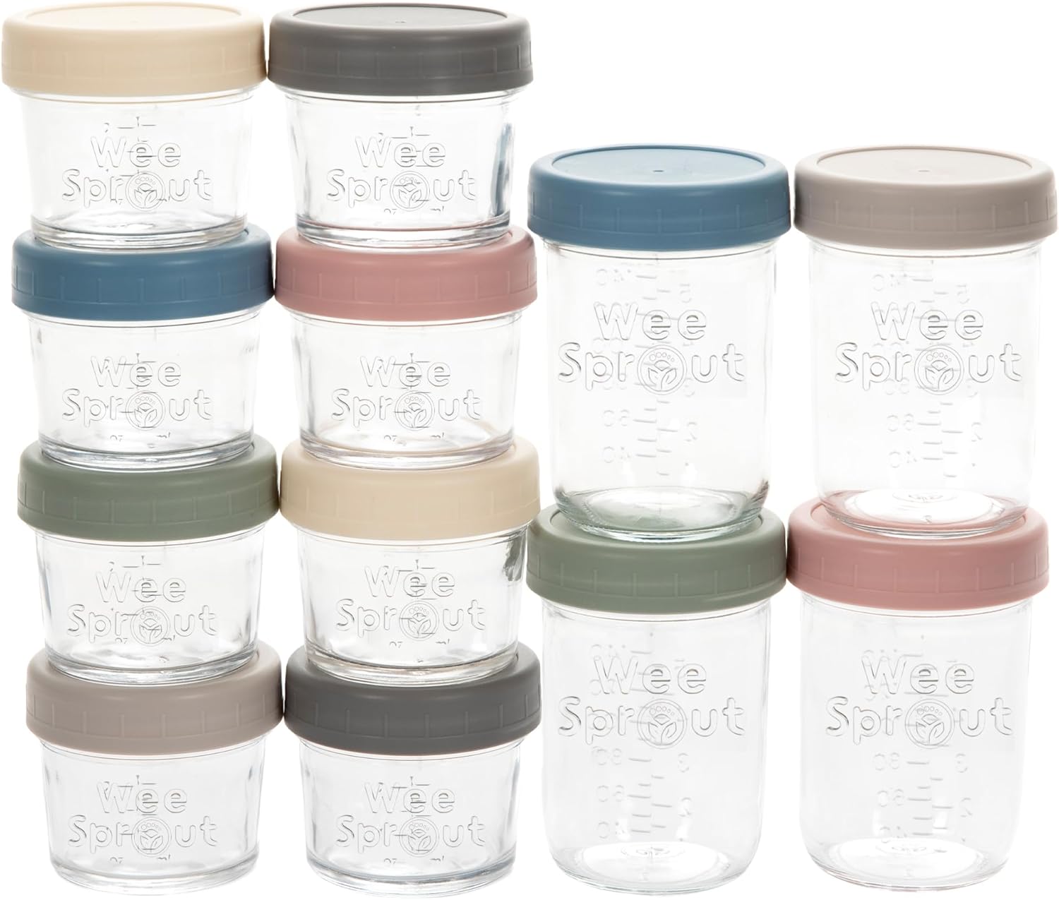 WeeSprout Glass Baby Food Storage Jars w/ Lids (4/8 oz, 12 Pack Set) Snack, Reusable Small