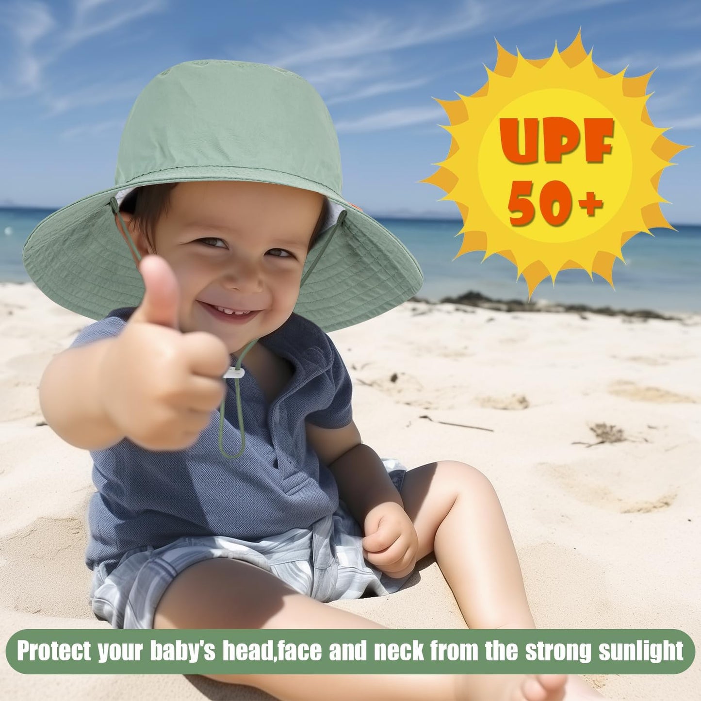 Baby Sun Hat Kids Summer UPF 50+ Toddler Bucket Hat Wide Brim Adjustable Beach Hats for Boys Girls Age 0-6 Years