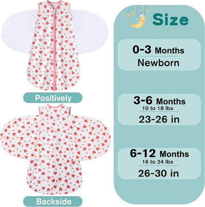 Newborn Sleep Sack Baby Swaddle,Swaddle me 0-3 Month,3-Way Adjustable Wearable Blanket,100% Rayon Cotton Swaddling Sleeping Bag，TOG 0.5 (Love, 0-3 Months)