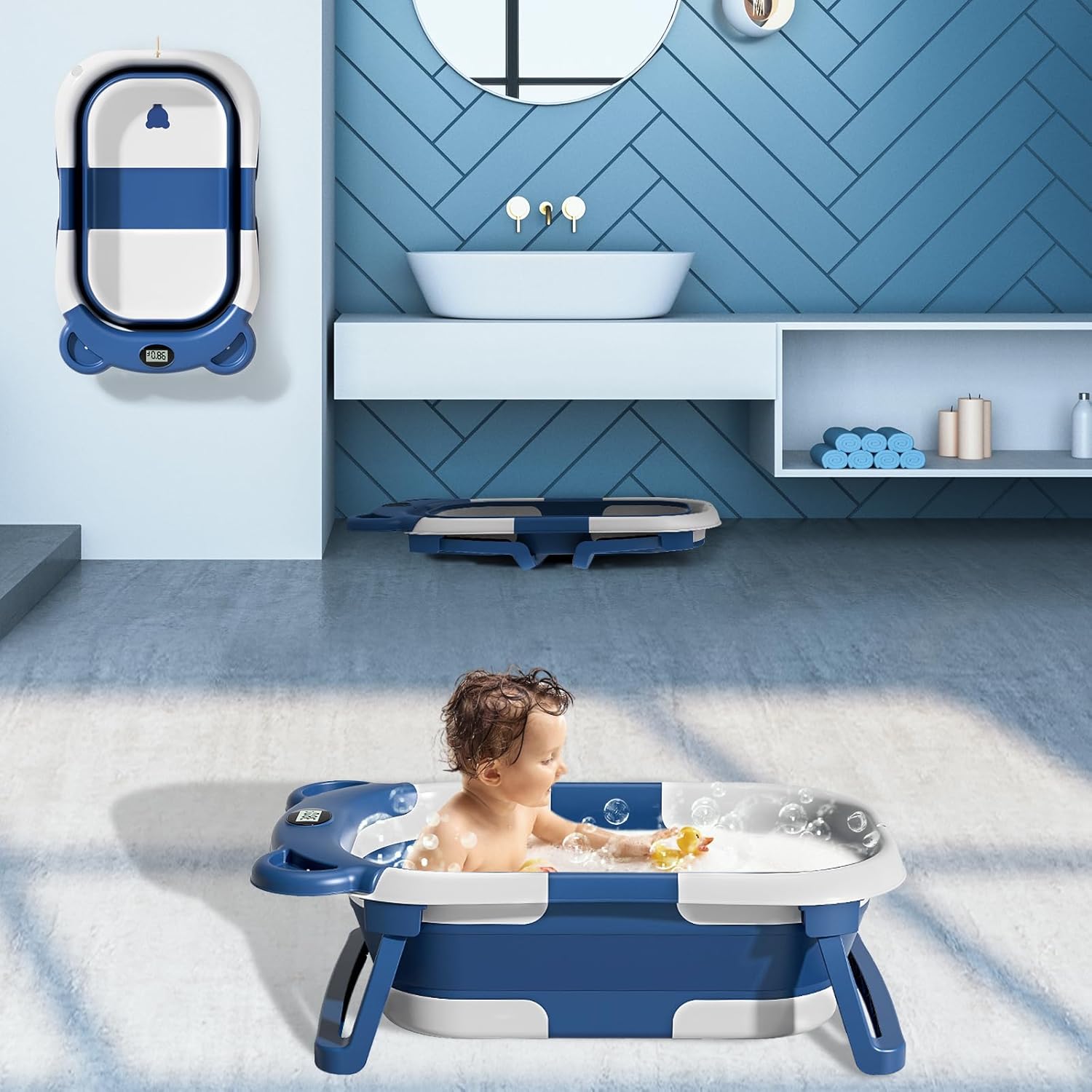 MoreFeel Collapsible Baby Bathtub for Newborn with Thermometer & 1 Soft Floating Cushion & 1 Bath