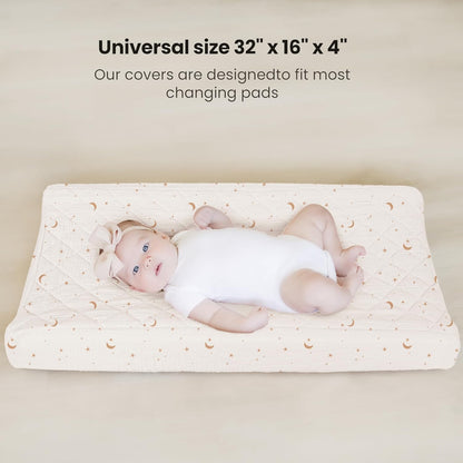 Konssy Waterproof Muslin Changing Pad Cover 2 Pack, Quilted Cotton Fitted Diaper Changing Table Cover, Soft Changing Pad Sheets for Girls Boys (Coffee Check,Moon)