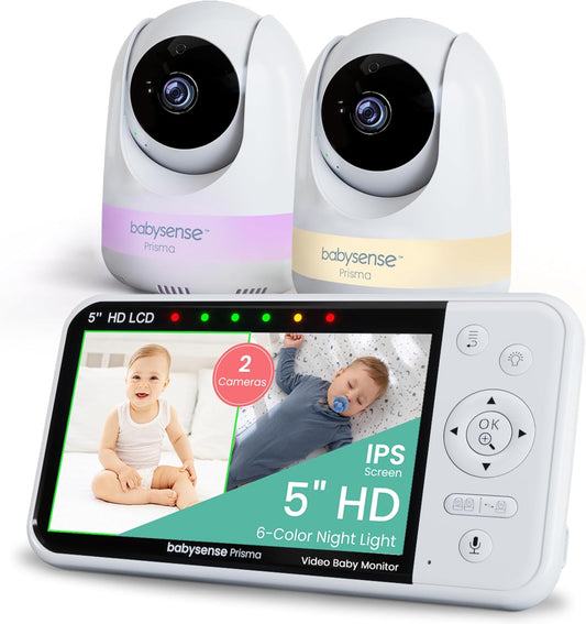 Babysense Prisma Baby Monitor with Camera and Audio, 5” HD Video Baby Monitor with 2 Cameras, 6-Color Night Light, Split Screen, Sound Machine with White Noise & Lullabies, Secure No WiFi