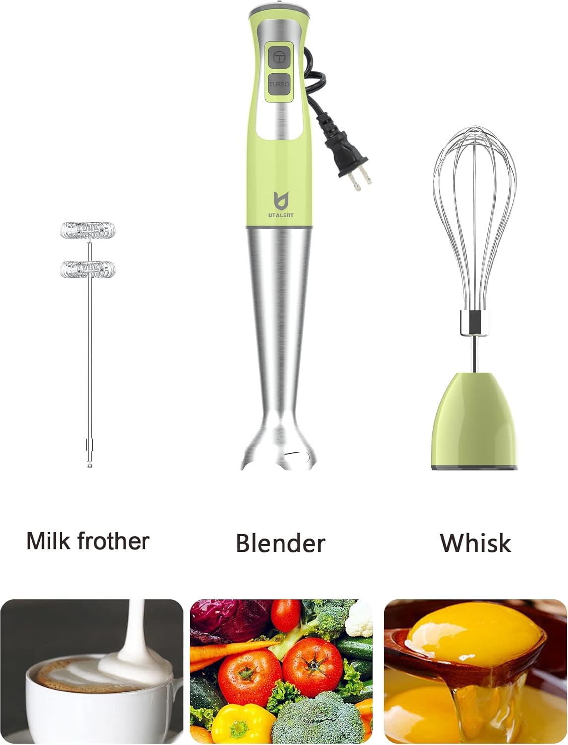 Immersion Hand Blender, UTALENT 3-in-1 8-Speed Stick Blender with Milk Frother, Egg Whisk for