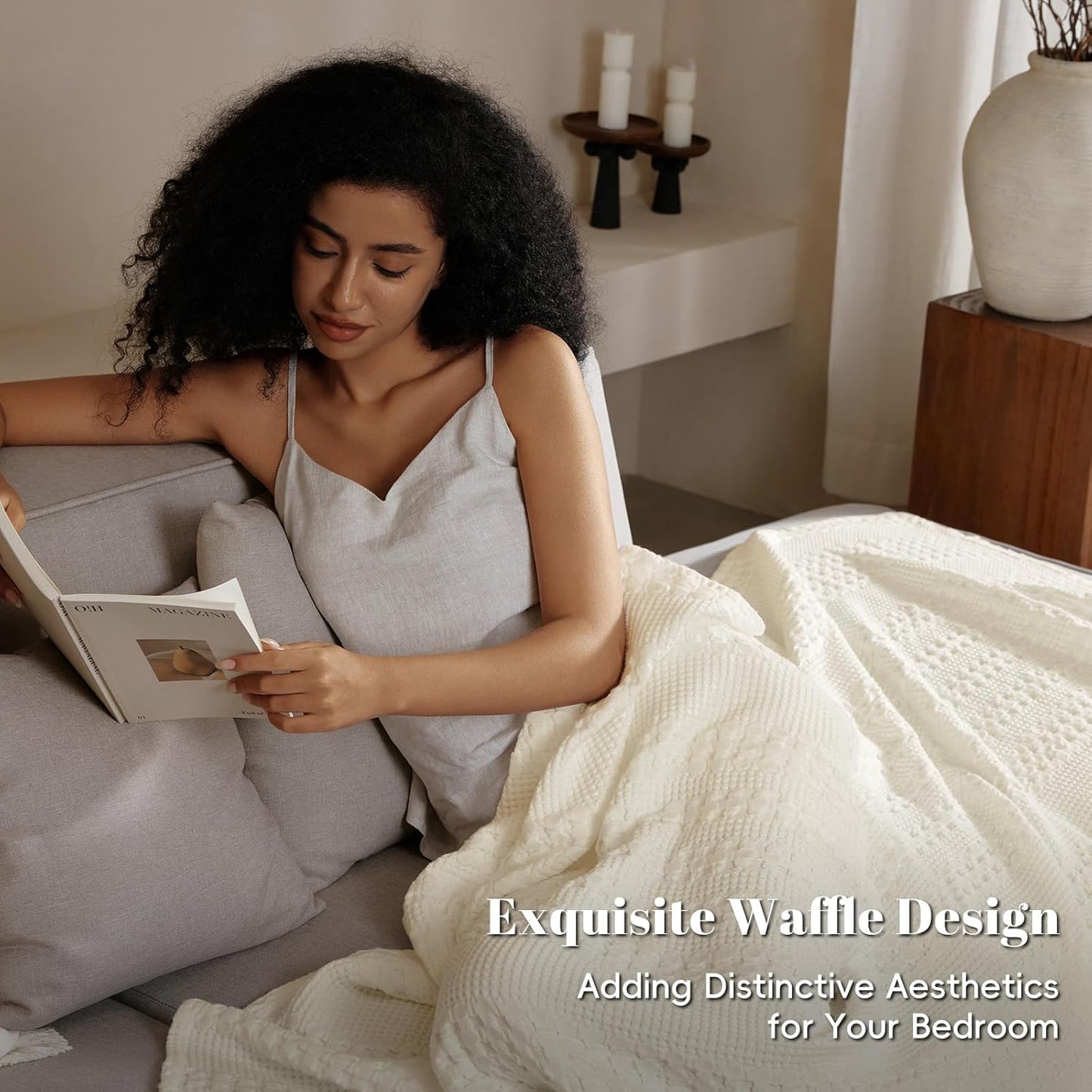 PHF 100% Cotton Waffle Weave Blanket King Size, Soft Lightweight Breathable Cozy Summer Blankets for Bed, Luxury Aesthetic Woven Bedding for Home Decor, 108"x90", Cannoli Cream