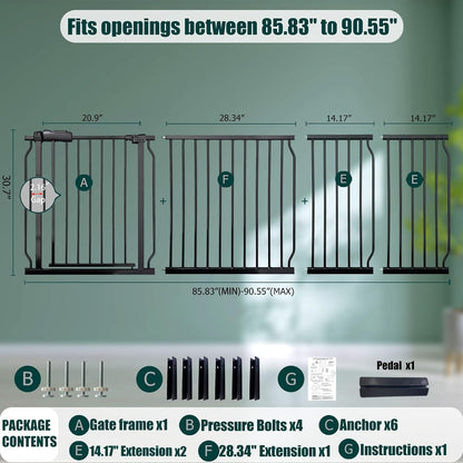 Heavy Duty Baby & Dog Safety Gate, Extra Wide 85.8-90.5 Inch,Black Metal, Pressure Mounted No Drilling Pet Gate for Large Openings