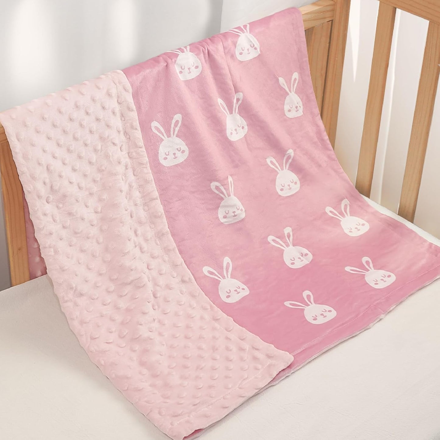 Rabbit Minky Baby Blanket 30 x 40 Inches for Girls, Soft Plush Receiving Blanket with Dotted Back