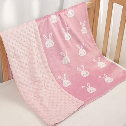 Rabbit Minky Baby Blanket 30 x 40 Inches for Girls, Soft Plush Receiving Blanket with Dotted Back