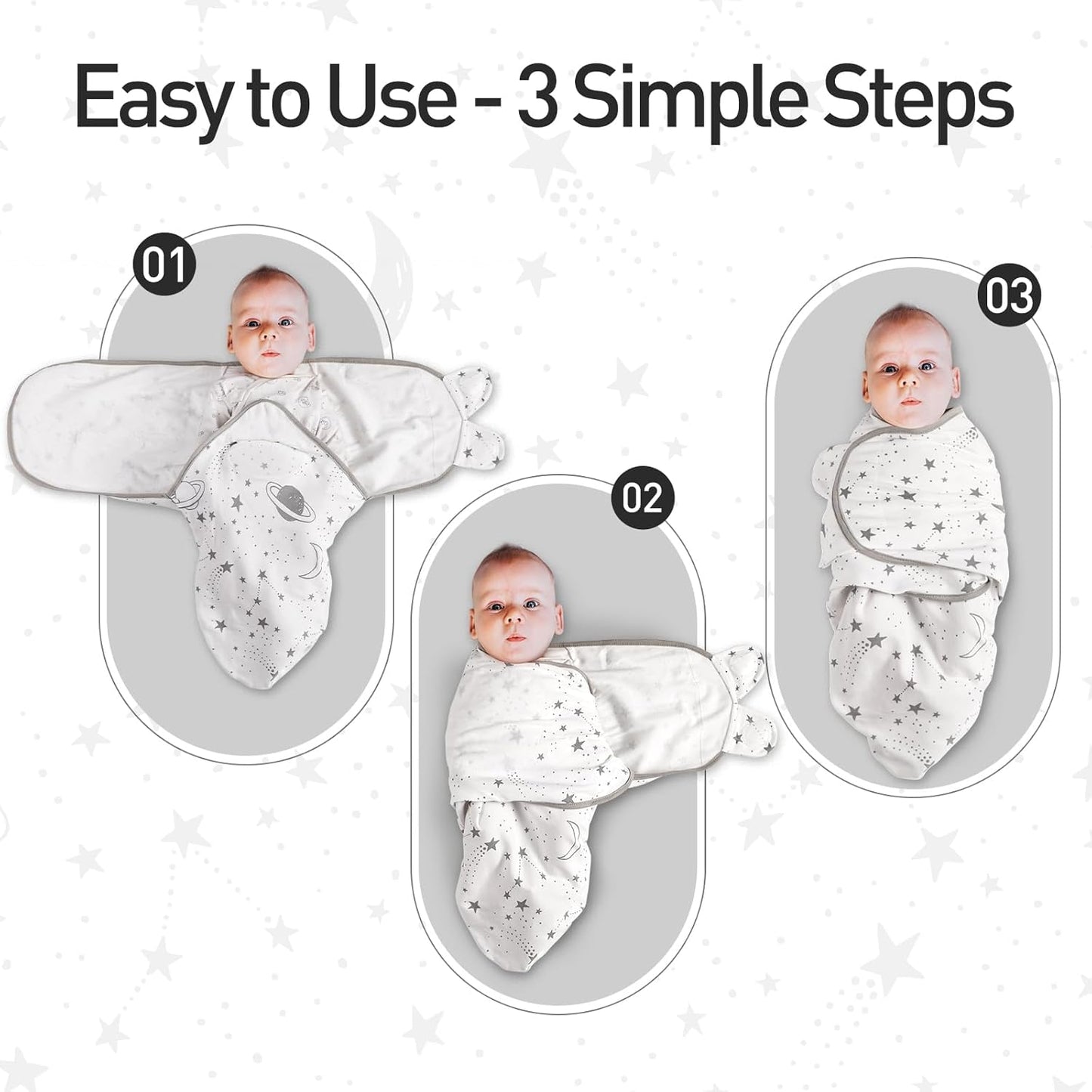 GLLQUEN BABY Organic Newborn Swaddles Sleep Sack, Swaddle Blankets for Baby Boy, 3 Pack Adjustable Wrap Set, Gray Starry Sky & Astronaut, 0-3 Months (Small/Medium)