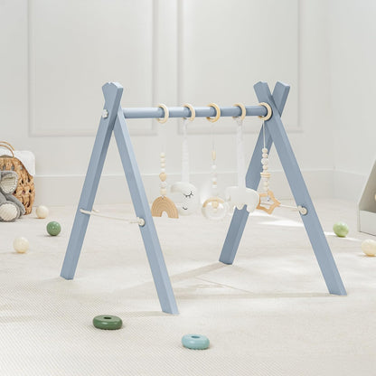 Comfy Cubs Wooden Baby Play Gym - Natural Finish Pinewood Baby Activity Gym with 5 Sensory Hanging Toys - Easy No-Tool Assembly, Safe and Durable for Infant Motor and Visual Development - Pacific Blue