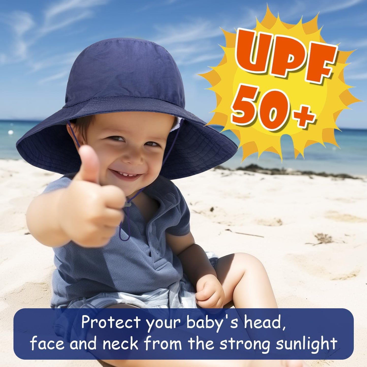 Baby Sun Hat Kids Summer UPF 50+ Toddler Bucket Hat Wide Brim Adjustable Beach Hats for Boys Girls Age 0-6 Years