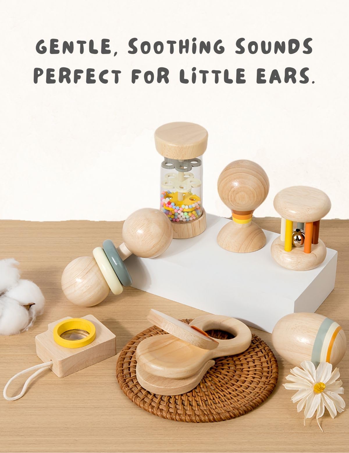 7 Pcs Wooden Baby Toys Set, Organic Rattles & Montessori Musical Toys
