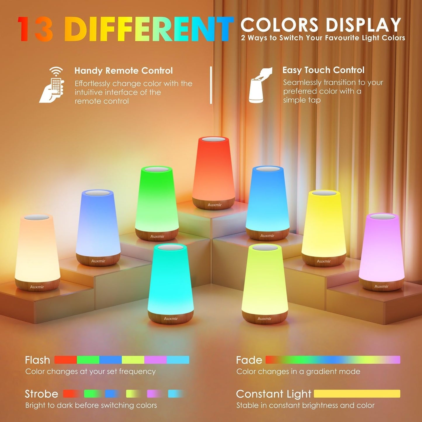 Night Light, Dimmable Touch Lamp for Bedroom, 13 RGB Colors & 5 Brightness, Portable Rechargeable Bedside Table Lamp for Baby Nursery, Night Lights for Bedroom Living Room Bathroom Hallways