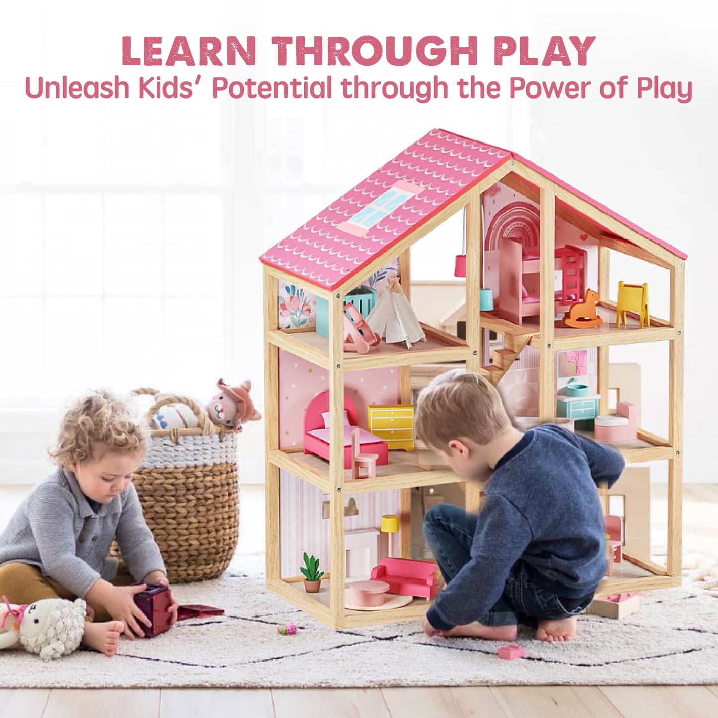 Tiny Land Wooden Dollhouse for Girls - 6 Rooms Wooden Doll House
