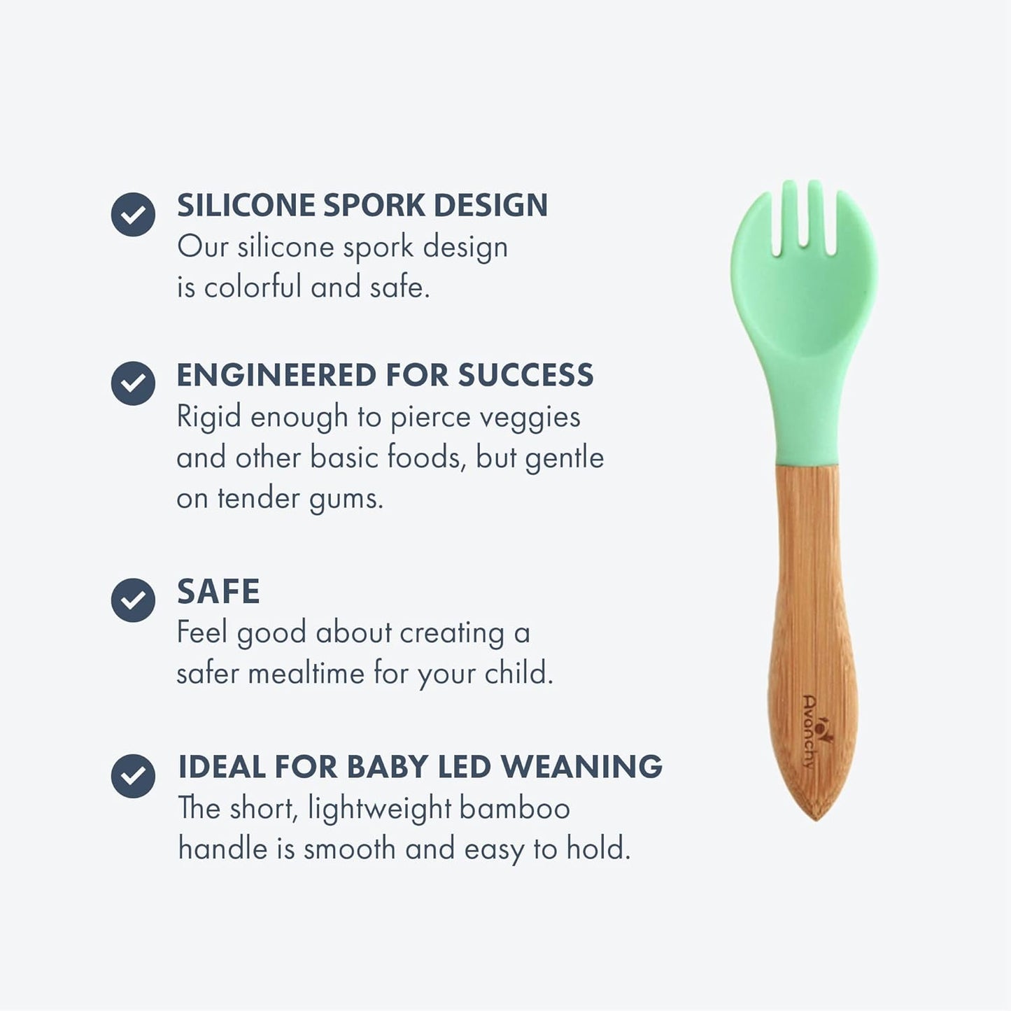Avanchy Baby Fork Set, Bamboo and Silicone Spork Utensils, Toddler Baby Led Weaning Silverware Cutlery Flatware, Kids First Self Feeding, 2 Pack, Gray