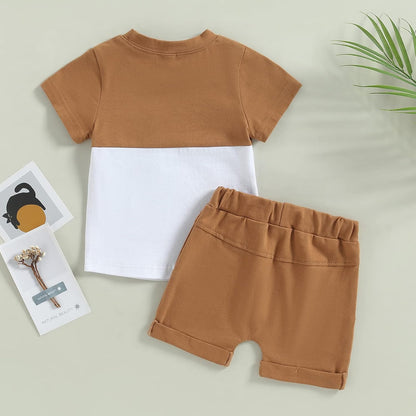 fhutpw Baby Toddler Boy Clothes Summer Outfits 6 12 18 24 Months Patchwork Short Sleeve T Shirt & Shorts Sets with Pockets