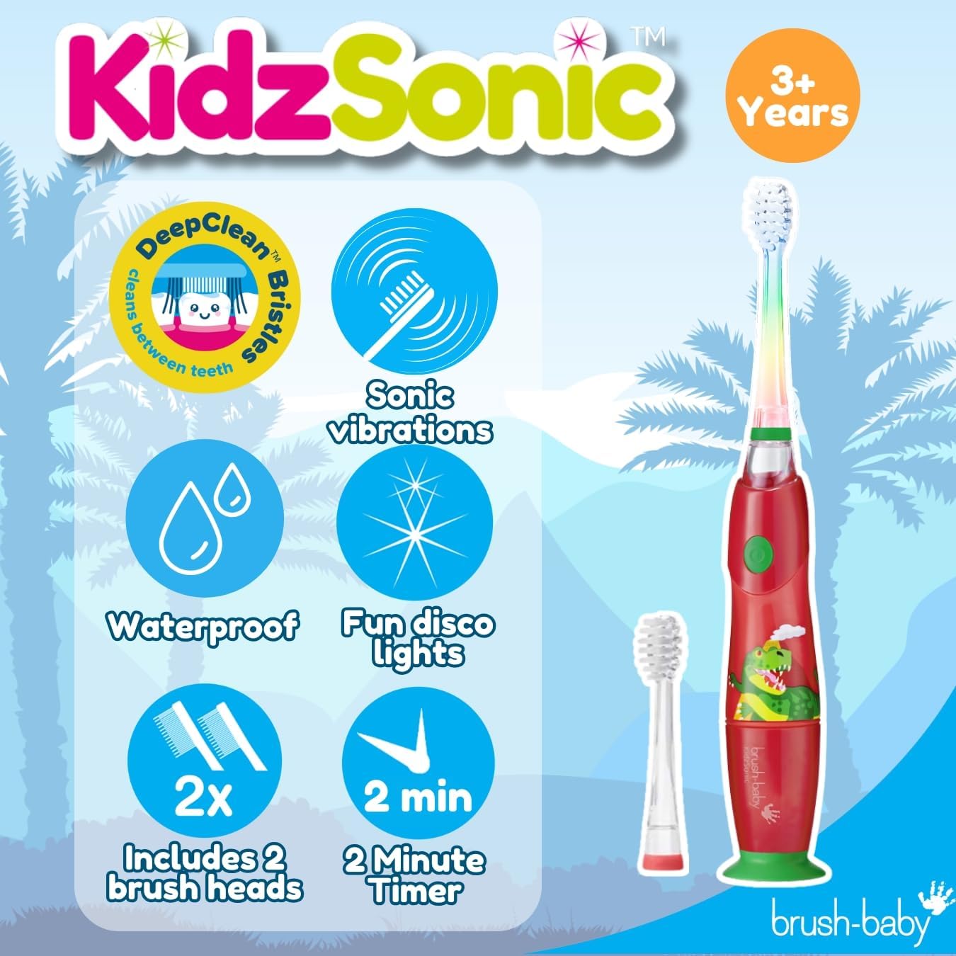 Brush‑Baby - KidzSonic Dinosaur Kids Electric Toothbrush for Ages 3+ with Disco LED Lights, Gentle
