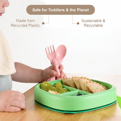 Made in USA Spoon la la Toddler Utensils Set (2 Pack) & Board Book - Spoon & Fork for Kids, Self-Standing 3D Ergonomic Cat & Dog Handles, BPA-free, Dishwasher Safe Baby Silverware (Pink)