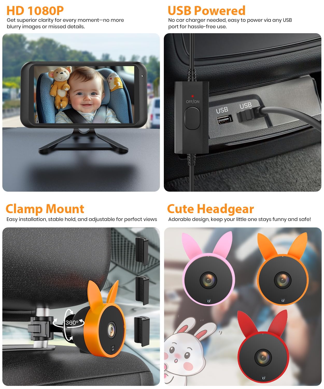 USB Baby Car Camera Plug-Play, 4.5" 1080P Easy Setup Backseat Camera with Flexible 360 Rotation, Clear Picture Rear Facing Car Seat Baby Monitor