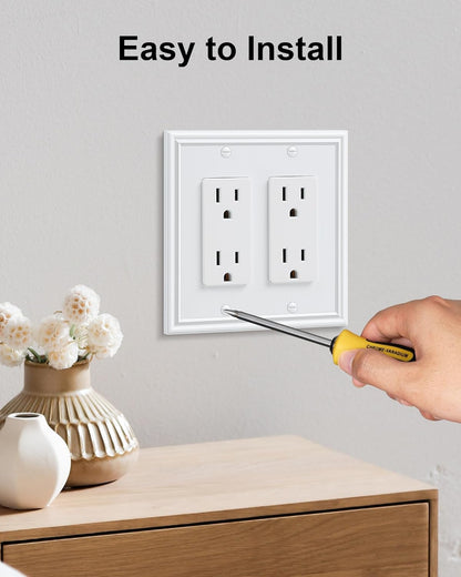 2-Pack Decorative Double Decorator Outlet Cover Plate, Durable Zinc Alloy Pure White Wall Plates for Electrical Outlets, Receptacle, GFCI Outlet, Dimmer Switch, 2-Gang, Corrosion Resistant