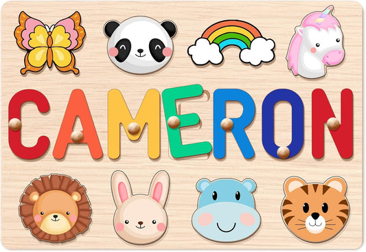 Personalized Name Puzzle for Kids, Personalized Baby Gifts Name Puzzles for Toddlers 1-3 with Pegs Engraved Text Greetings on Back, 1st Birthday Christmas Easter Gifts for Boys&Girls, Montessor Toys
