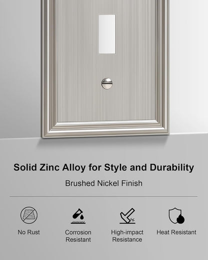 2-Pack Single Toggle Light Switch Cover Plate, Durable Solid Zinc Alloy Decorative Switch Plate Covers, Brushed Nickel 1 Gang Wall Plate, Corrosion Resistant