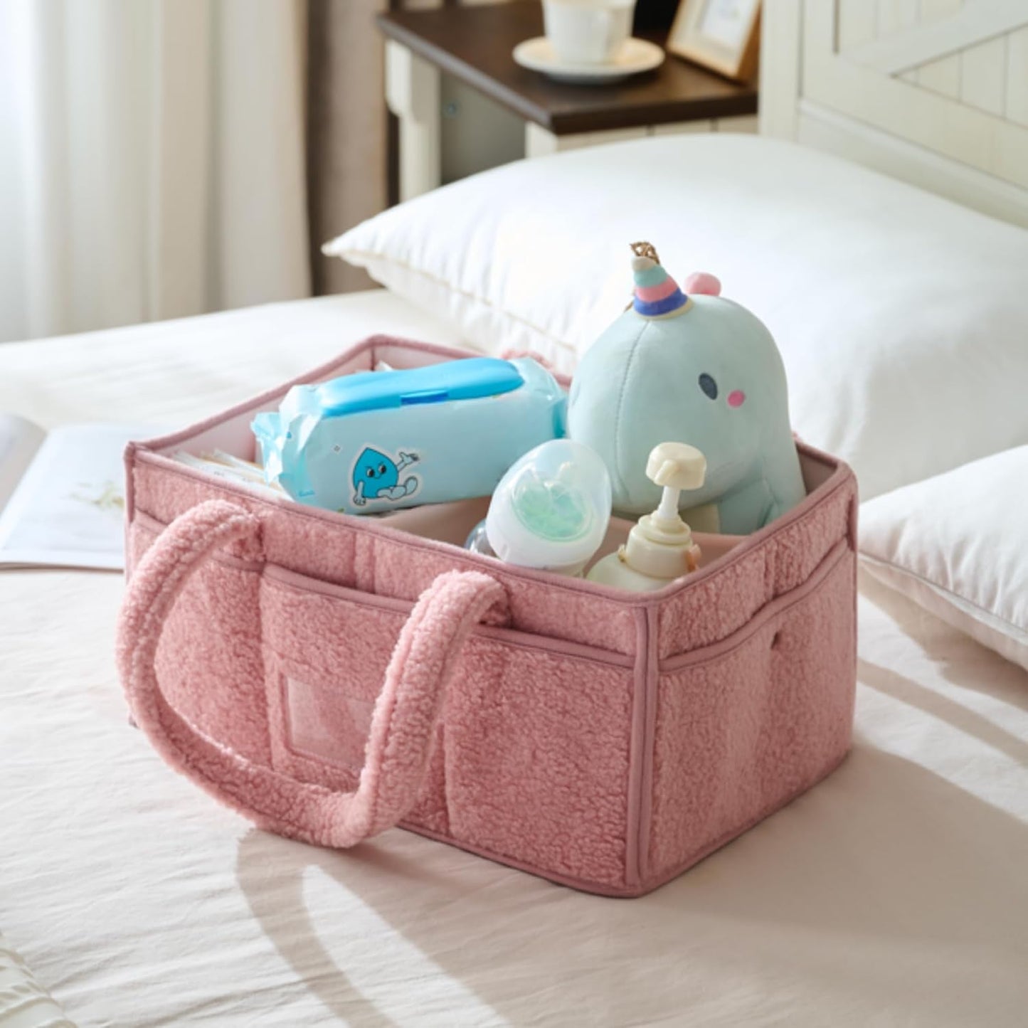 luxury little Diaper Caddy Organizer, Large Cotton Rope Nursery Baby Basket, Changing Table Organizer for Baby Diaper Storage, Portable Car Organizer with Removable Divider (Pink)