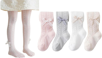 CHUNG Baby Girls Cotton Tights Thin Hollowed Summer with Bowknot Mesh Lace Fashion Toddler Footed Legging Pantyhose