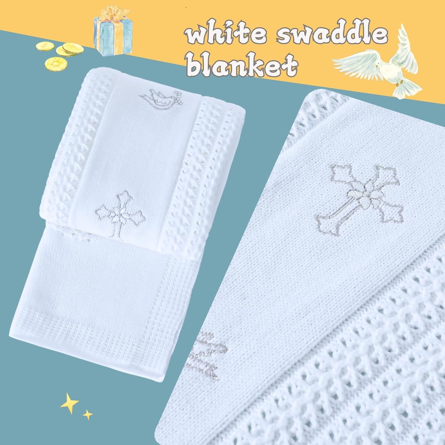 Booulfi Baby Blankets for Boys Girls Baby Receiving Blankets Silver Cross Dove of Peace Embroidery