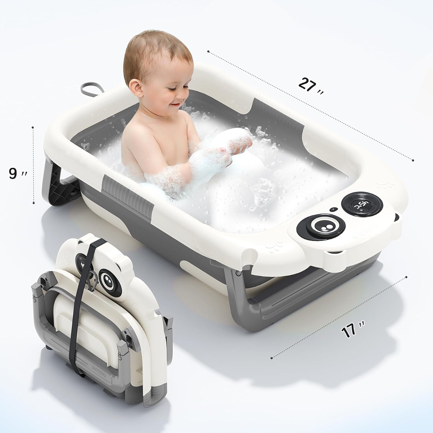 Foldable Baby Bathtub, Lightweight Bathtub for Infants to Toddlers with Soft Cushion & Thermometer