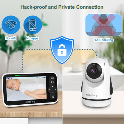 HelloBaby 5 Inch Video Baby Monitor with Camera and Audio, Remote Pan-Tilt-Zoom Camera with Night Vision, 2-Way Talk, Temperature, 8 Lullabies and 1000ft Range Baby Monitor No WiFi Needed