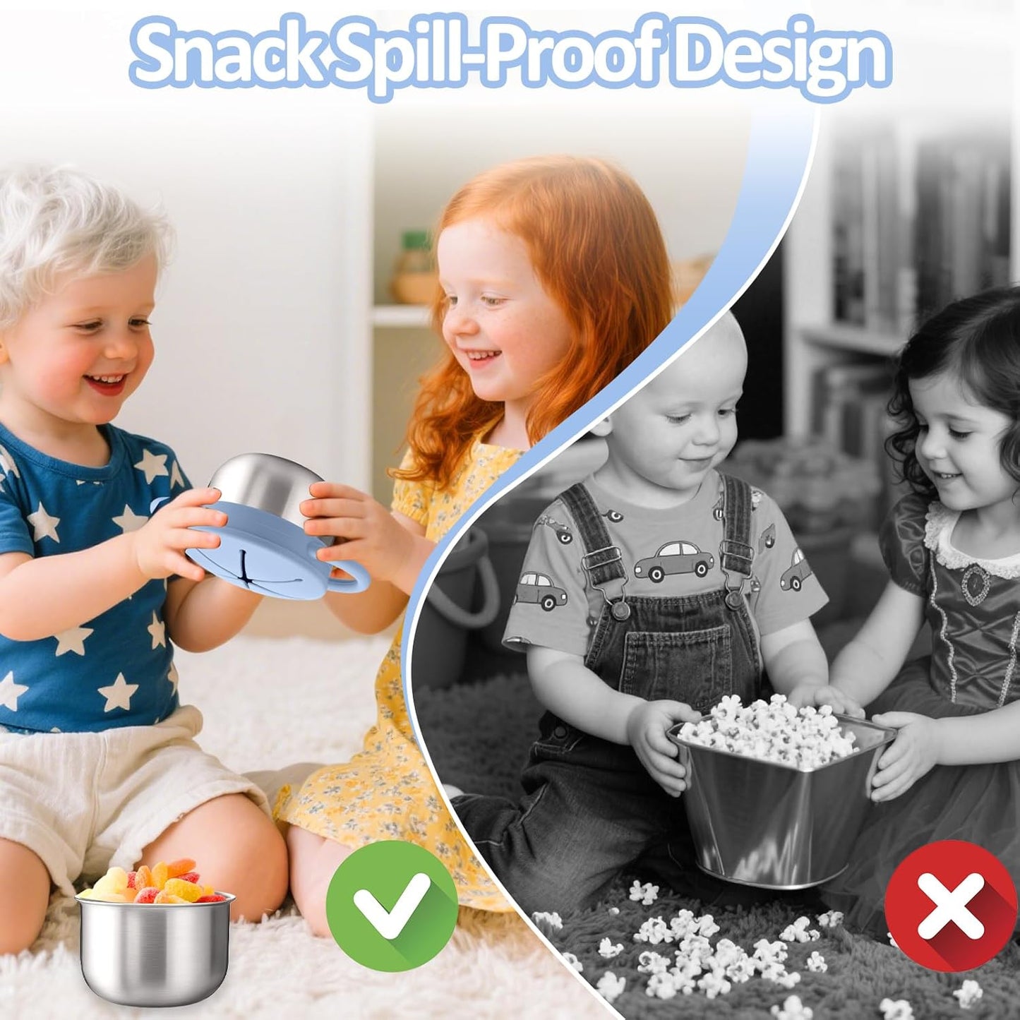 BUSOHA 2 Pack Stainless Steel Toddler Snack Cups - 9 OZ Spill-Proof Baby Snack Containers with