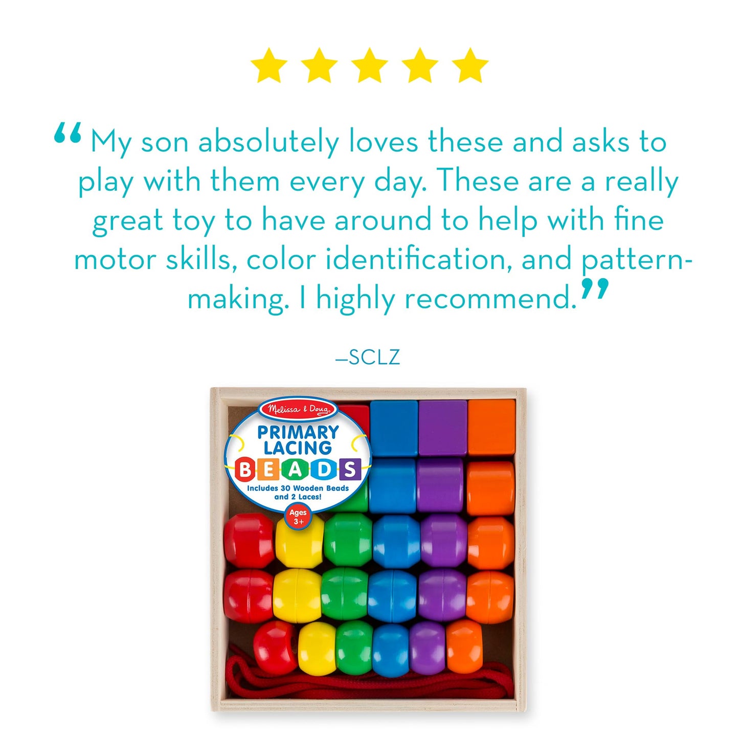 Melissa & Doug Primary Lacing Beads - Educational Toy with 30 Wooden Beads and 2 Laces for