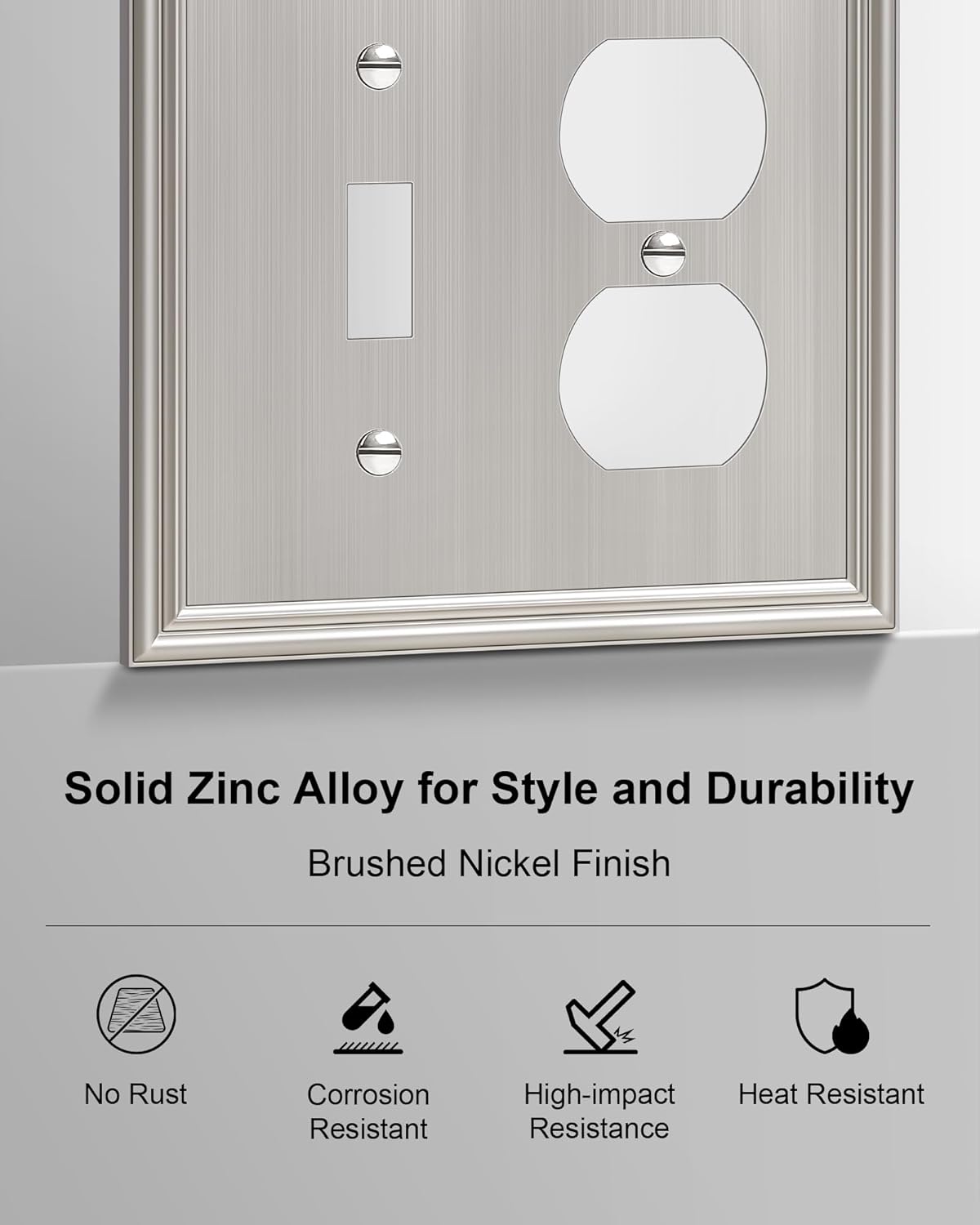 2-Pack Combo Toggle/Duplex Light Switch Cover Plate, Brushed Nickel Wall Outlet Cover Plate, Decorative Wall Receptacle Cover for Electrical Outlets, Light Switch, Durable Solid Zinc Alloy