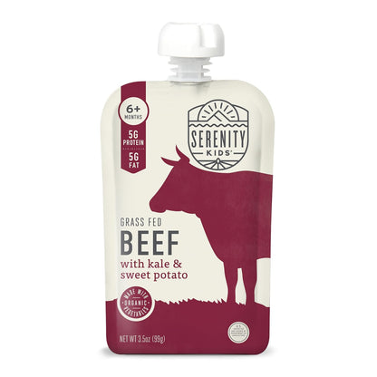 Serenity Kids 6+ Months Baby Food Pouches - Grass Fed Beef Puree with Organic Kale & Sweet Potato