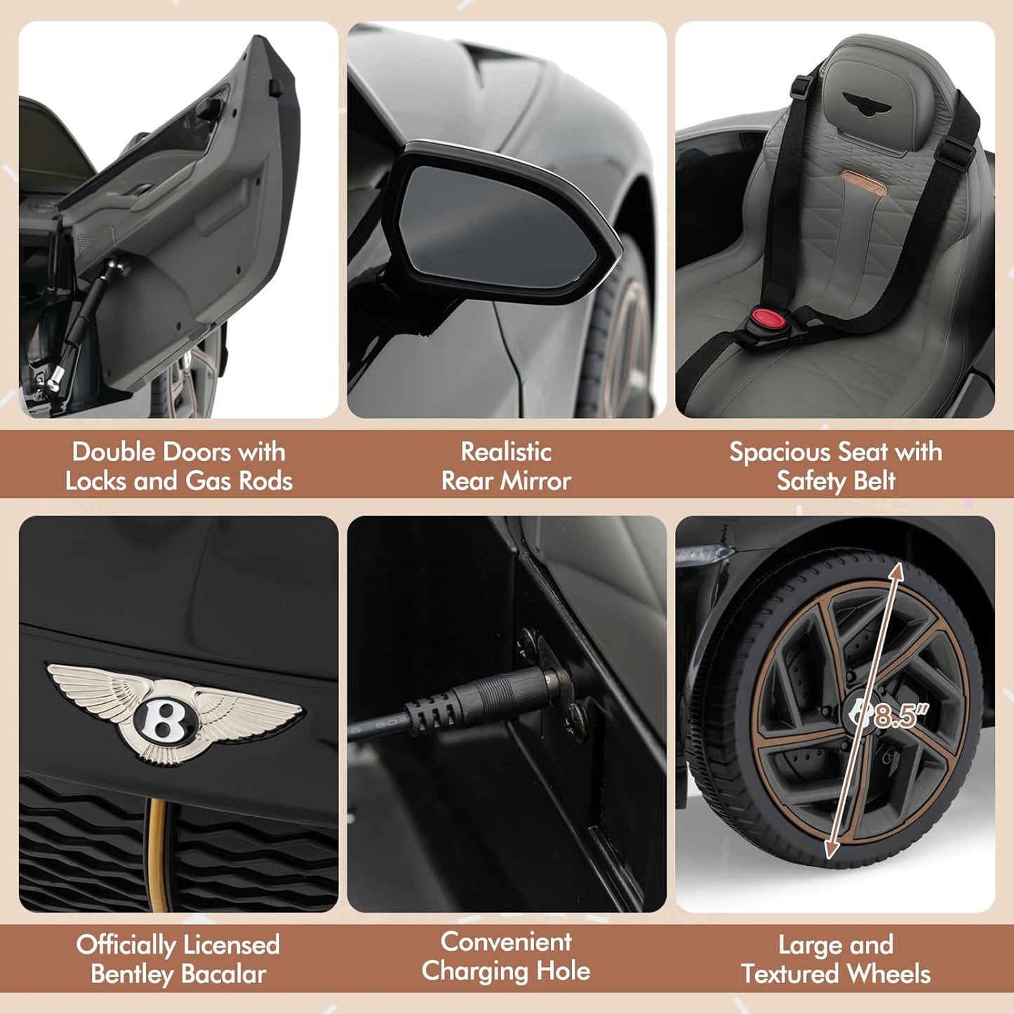 Costzon Ride on Car, 12V Licensed Bentley Bacalar Battery Powered Kids' Electric Vehicles w/Remote Control, Scissor Doors, Wireless Connection, Lights/Sound Effects, Kids Car Toys for Toddlers(Black)