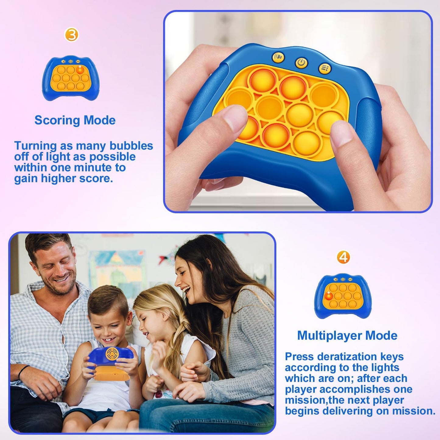 Quick Push Puzzle Game Machine Pop Fidget Light-Up Squeeze Poppet Sensory Toy Educational Push Pop Bubble Toy Stress Relief Party Favors Puzzle Game for Kids Teens Adults (Blue)