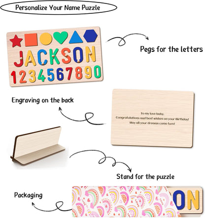 Personalized Name Puzzle for Kids, Personalized Baby Gifts Name Puzzles for Toddlers 1-3, 1st Birthday for Girls & Boys Wooden Alphabet & Shape Puzzle Montessor Toys for Kids