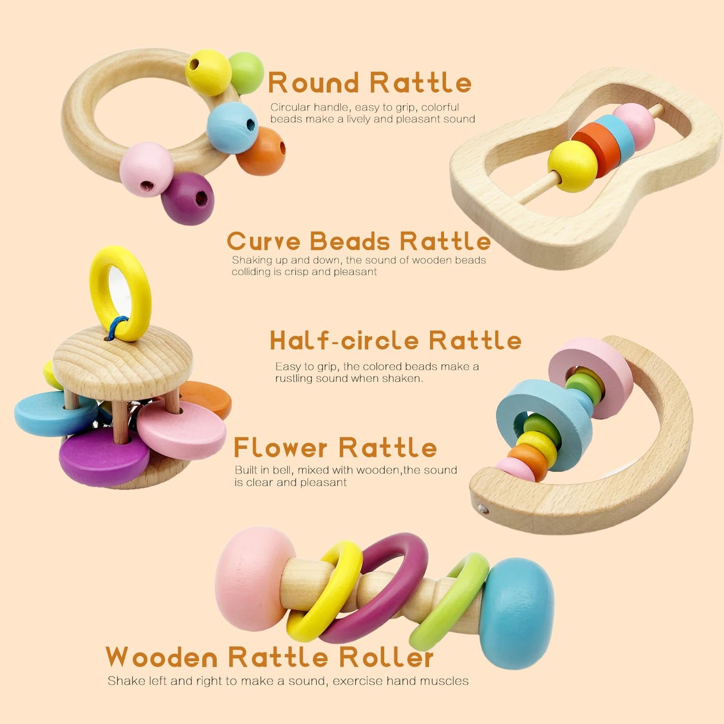 Wooden Baby Rattle, Organic Colorful Baby Rattles Set, Toddler Hand Wooden Rattles Toy Set for
